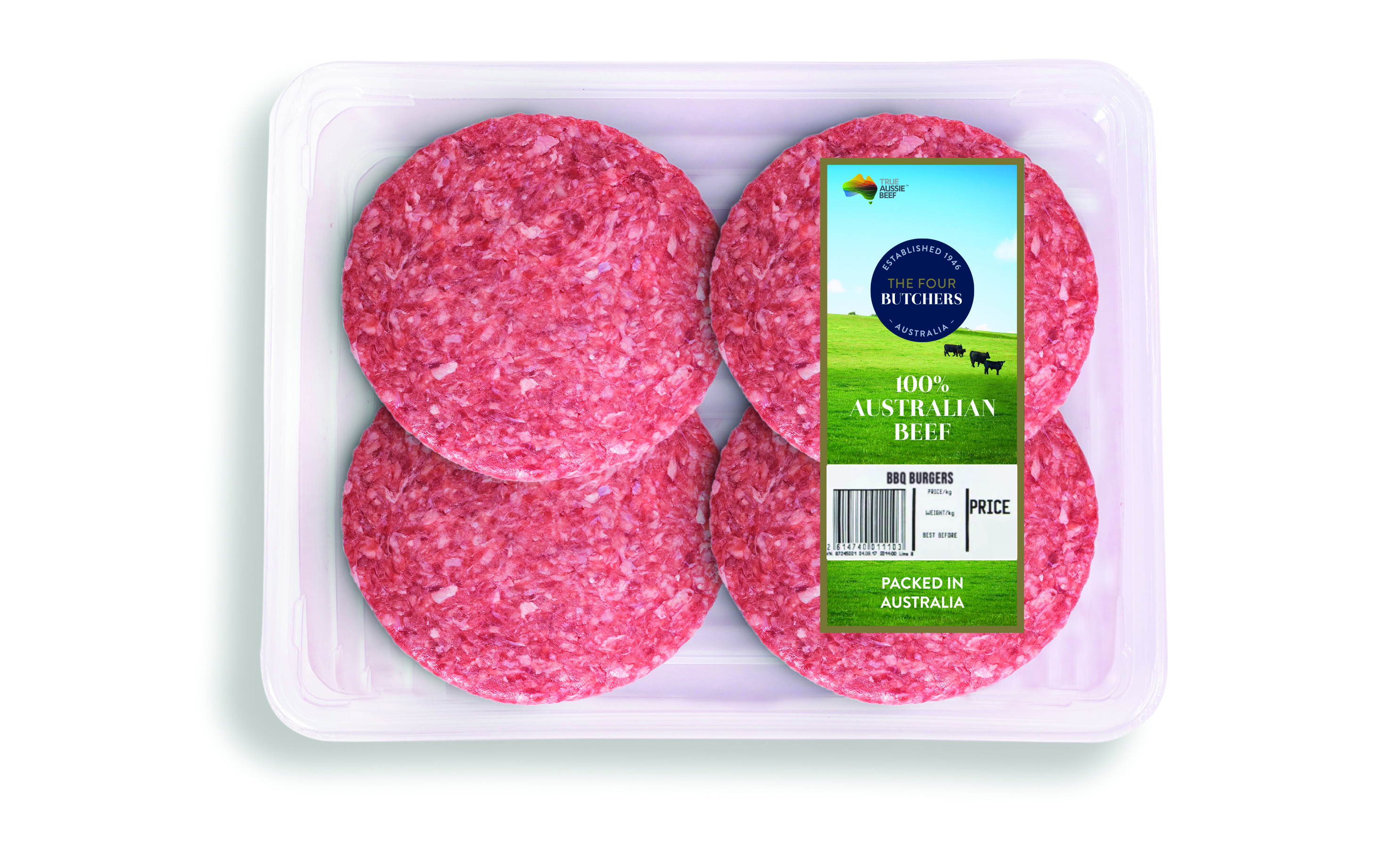 burgers in white Four Butchers packaging 