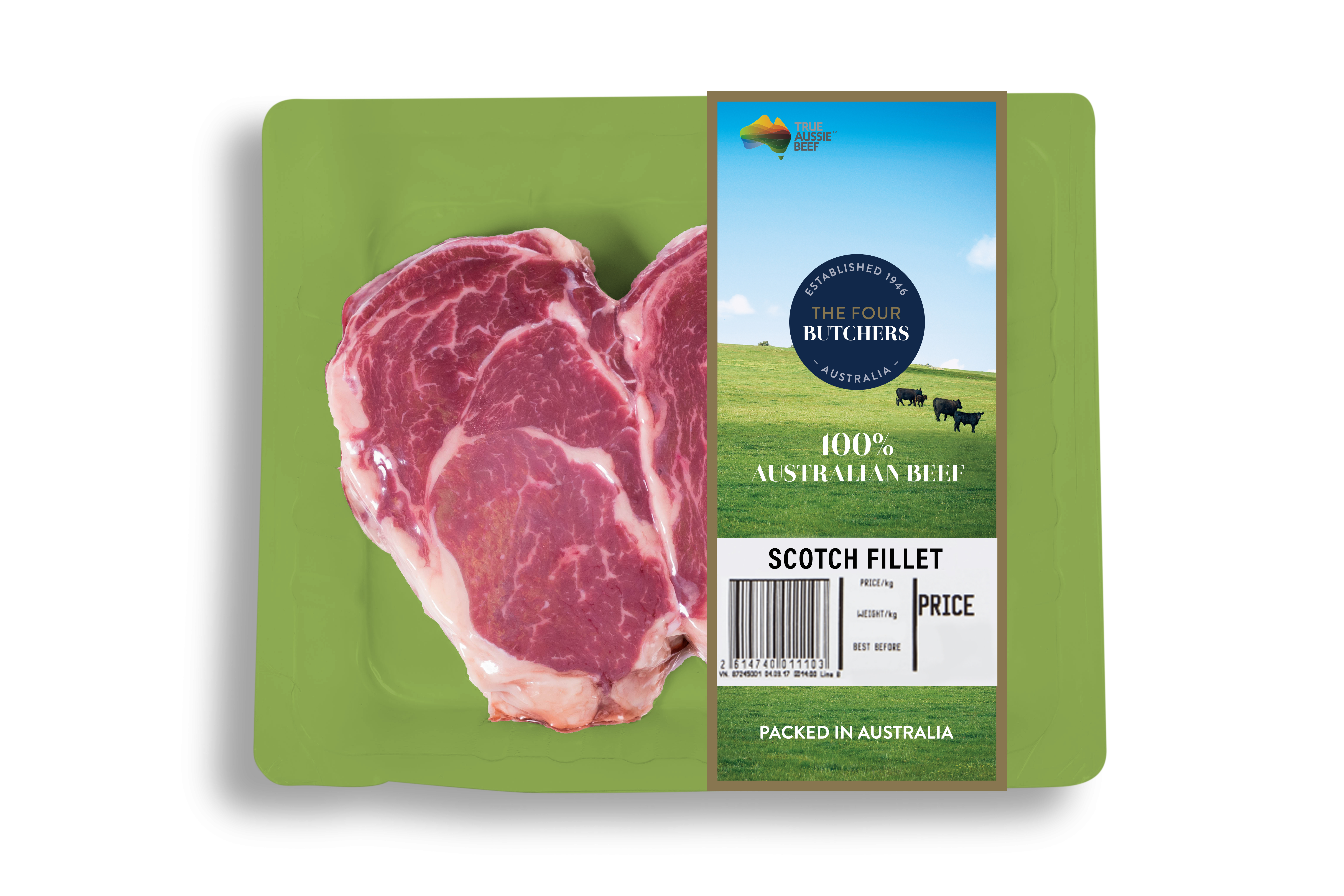 Steak in green Four Butchers packaging 